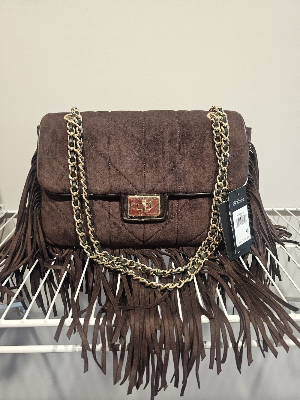 Karl Lagerfeld Brown Quilted Suede Fringe Shoulder Bag with Gold Chain